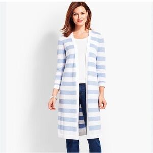 Talbots Light Blue and White Striped Longline Open Duster Cardigan Medium